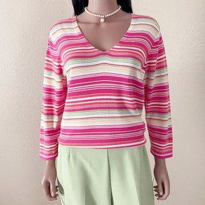 Vintage 90s Colorful Striped V Neck Casual Knit Sweater Top